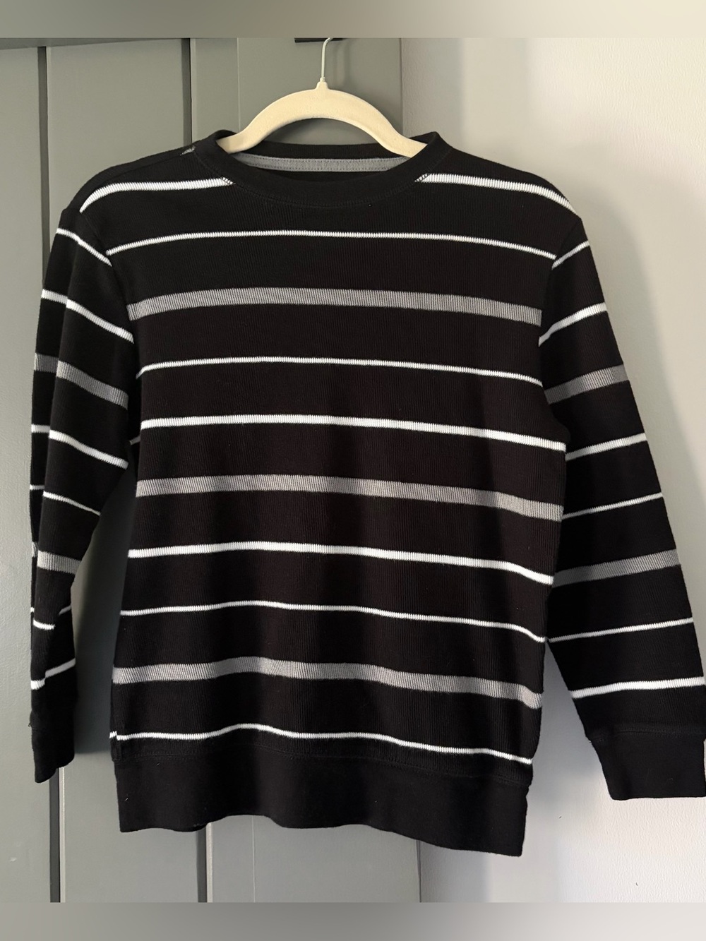 Boys Old Navy Black Crewneck Sweater with White and Gray Stripes